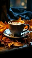 A cozy autumn tableau Steaming coffee, warm scarf, and fallen leaves on wood Vertical Mobile Wallpaper AI Generated photo