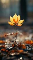 solitario otoño hojas, apartado en sereno aislamiento, capturar el esencia de otoño vertical móvil fondo de pantalla ai generado foto
