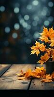 Maple leaves adorning a wooden table, creating a natural, falling leaves backdrop Vertical Mobile Wallpaper AI Generated photo