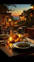 Mediterráneo restaurante ambiente un al aire libre cena vertical móvil fondo de pantalla ai generado foto