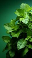 Mint leaves arranged against a soft green background, offering room for text Vertical Mobile Wallpaper AI Generated photo