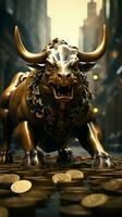 On a stone road, coins surround a prominent bull statue Vertical Mobile Wallpaper AI Generated photo