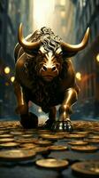 On a stone road, coins surround a prominent bull statue Vertical Mobile Wallpaper AI Generated photo