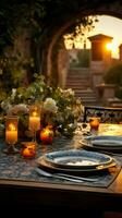 A Mediterranean dining experience Dinner table set outdoors in a charming setting Vertical Mobile Wallpaper AI Generated photo