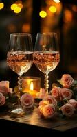 Romantic ambiance Wine glasses candles and a rose Vertical Mobile Wallpaper AI Generated photo