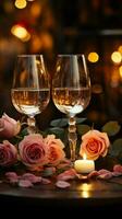Romantic ambiance Wine glasses candles and a rose Vertical Mobile Wallpaper AI Generated photo