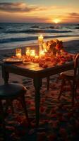 Romantic beach dinner at sunset, leaving room for your special message Vertical Mobile Wallpaper AI Generated photo