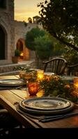 A Mediterranean dining experience Dinner table set outdoors in a charming setting Vertical Mobile Wallpaper AI Generated photo