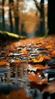 Selective focus on fallen leaves, creating an autumnal tapestry on the path Vertical Mobile Wallpaper AI Generated photo