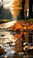 Selective focus on fallen leaves, creating an autumnal tapestry on the path Vertical Mobile Wallpaper AI Generated photo