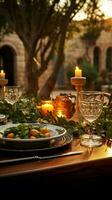 A Mediterranean dining experience Dinner table set outdoors in a charming setting Vertical Mobile Wallpaper AI Generated photo