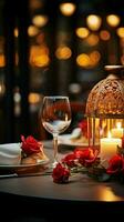 Selective focus on a vintage romantic dinner setup with red decor and candlelight Vertical Mobile Wallpaper AI Generated photo