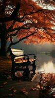A park bench surrounded by the captivating splendor of an autumn scene Vertical Mobile Wallpaper AI Generated photo