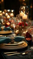 Sophisticated table setting, tailored for memorable parties, Christmas festivities, holidays, and weddings Vertical Mobile Wallpaper AI Generated photo