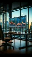 Stock market exchange concept in an empty traders office with glass walls Vertical Mobile Wallpaper AI Generated photo