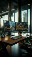 Stock market exchange concept in an empty traders office with glass walls Vertical Mobile Wallpaper AI Generated photo