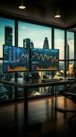 Stock market exchange concept in an empty traders office with glass walls Vertical Mobile Wallpaper AI Generated photo