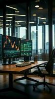 Stock market exchange concept in an empty traders office with glass walls Vertical Mobile Wallpaper AI Generated photo