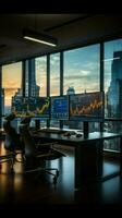 Stock market exchange concept in an empty traders office with glass walls Vertical Mobile Wallpaper AI Generated photo