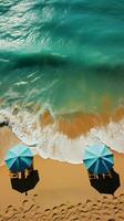 Stunning beach scene from above, with umbrellas, turquoise sea, and loungers Vertical Mobile Wallpaper AI Generated photo