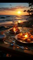 Sunset beachside dinner A romantic setup Vertical Mobile Wallpaper AI Generated photo