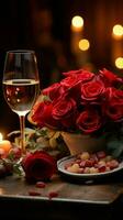 mesa para romance rojo vino velas rosas vertical móvil fondo de pantalla ai generado foto