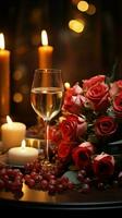 mesa para romance rojo vino velas rosas vertical móvil fondo de pantalla ai generado foto