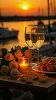 A romantic seaside dinner for two during sunset, with exquisite cuisine, champagne, and a backdrop of the sea and yachts Vertical Mobile Wallpaper AI Generated photo