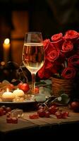mesa para romance rojo vino velas rosas vertical móvil fondo de pantalla ai generado foto