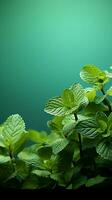Tranquil green background with space for text, featuring a foreground of mint leaves Vertical Mobile Wallpaper AI Generated photo