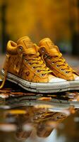 Trendy fashion Sneakers strolling through autumn Vertical Mobile Wallpaper AI Generated photo