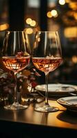 Wine glasses elegantly set on a restaurant table, perfect for a romantic dinner Vertical Mobile Wallpaper AI Generated photo