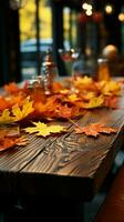 Wooden table adorned with autumn maple leaves, forming a picturesque falling leaves scene Vertical Mobile Wallpaper AI Generated photo