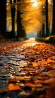 Warm autumnal path framed by colorful fallen leaves in selective focus Vertical Mobile Wallpaper AI Generated photo