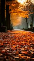 Warm autumnal path framed by colorful fallen leaves in selective focus Vertical Mobile Wallpaper AI Generated photo