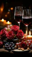 un romántico ajuste rojo vino parpadeando velas Rosa vertical móvil fondo de pantalla ai generado foto