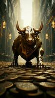 A stone road featuring a bull statue surrounded by scattered coins Vertical Mobile Wallpaper AI Generated photo