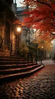 A scenic stone stair path in Montmartre, Paris, amid vibrant autumn foliage Vertical Mobile Wallpaper AI Generated photo