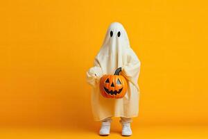 Halloween concept. Cute little boy in ghost costume with pumpkin on orange background. . photo