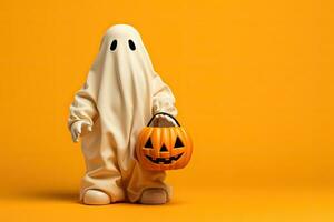 Halloween ghost with pumpkin on orange background. 3d illustration. AI Generated. photo