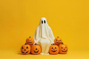 Halloween pumpkins with ghost on yellow background. Halloween concept. AI Generated. photo