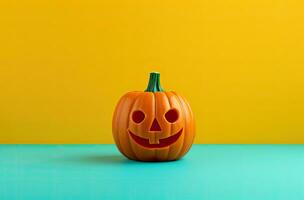 Halloween pumpkin on blue and yellow background. Minimalistic concept. AI Generated. photo
