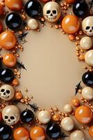 Halloween background with pumpkins, spiders and orange beads. 3d illustration. AI Generated. photo