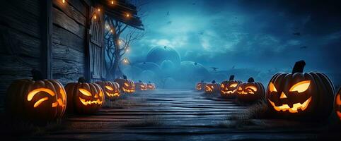 Halloween background with pumpkins on wooden planks 3D rendering. AI Generated. photo