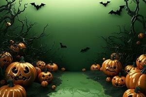 Halloween background with pumpkins and bats. 3D illustration. AI Generated. photo