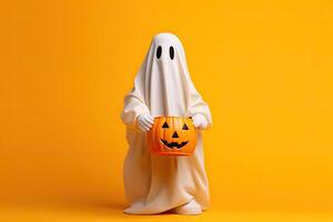 Halloween ghost with pumpkin on yellow background. 3d illustration. AI Generated. photo