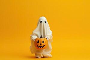 Halloween holiday concept. Funny ghost in white costume with pumpkin on orange background. AI Generated. photo