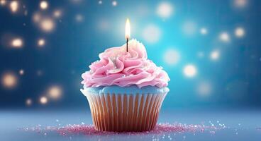 Birthday cupcake with burning candle on blue bokeh background. AI Generated. photo