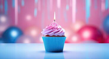 Birthday cupcake with pink cream and burning candle on blue background. AI Generated. photo