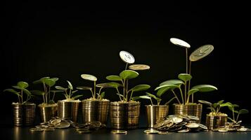 Gold coins and seedlings on black background. Financial growth concept. AI Generated. photo